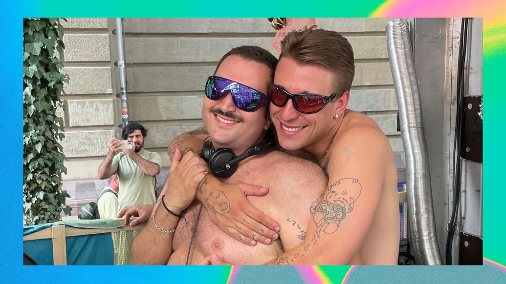 Jorkes and Daniel Rajcsanyi of Freeride Millenium shirtless and hugging behind DJ decks