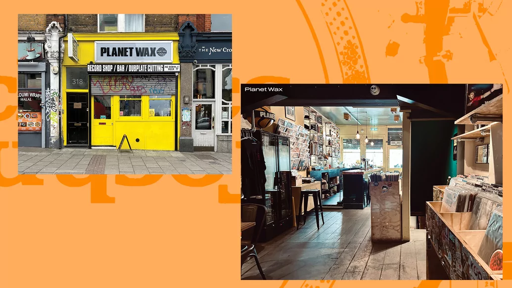 Composite image of outside and inside of Planet Wax record shop