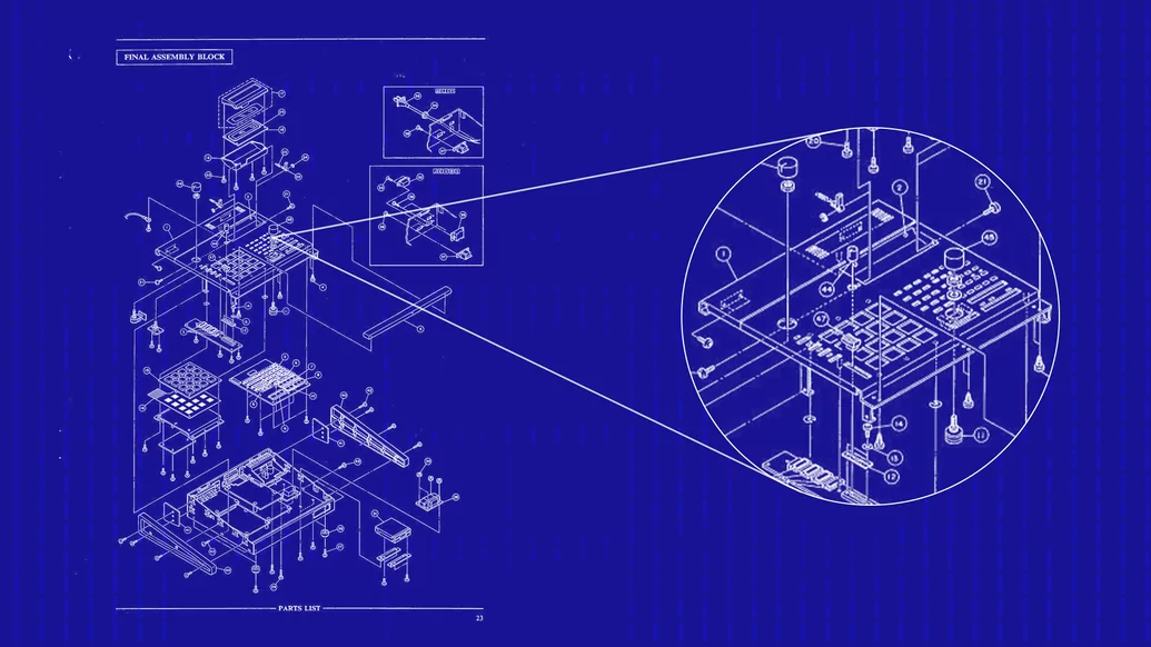 Blue graphic featuring sketches of computerised technology 