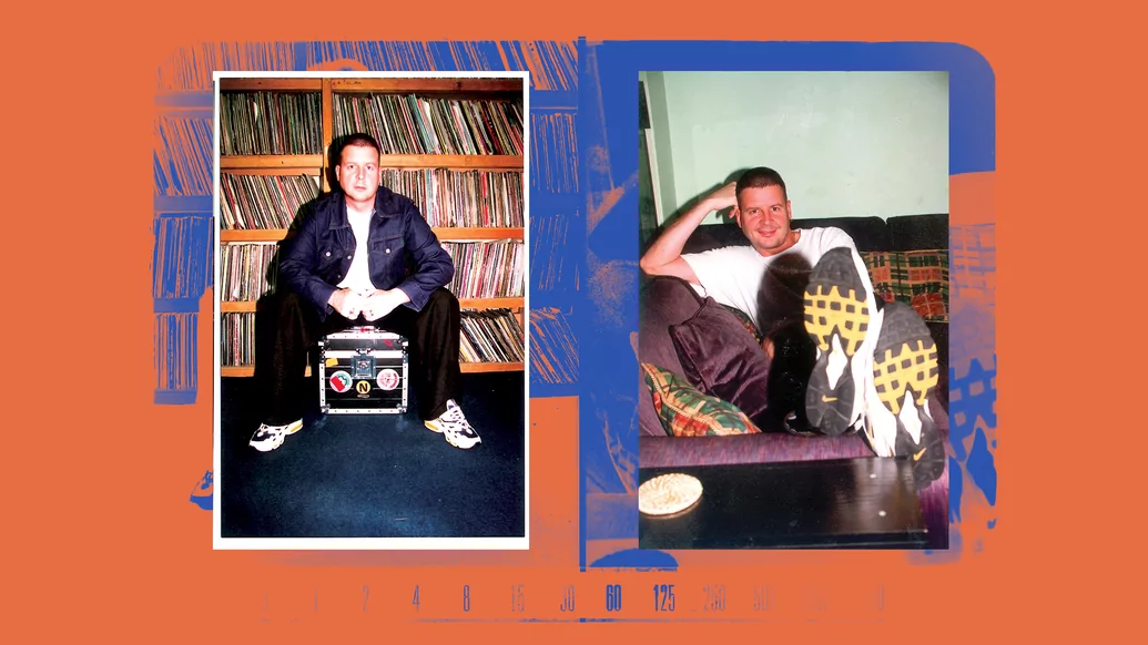 Two photos of Tony De Vit. On the left, he's sitting on a box in front of a wall fo records. in the second, he's reclined on a sofa