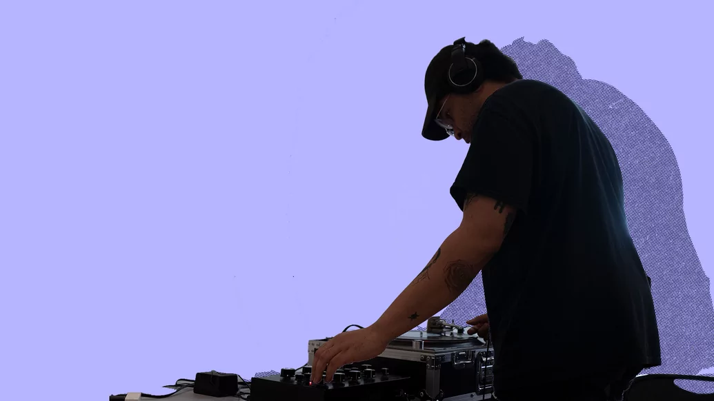 Photo of Russell E. L. Butler DJing overlayed on a purple background