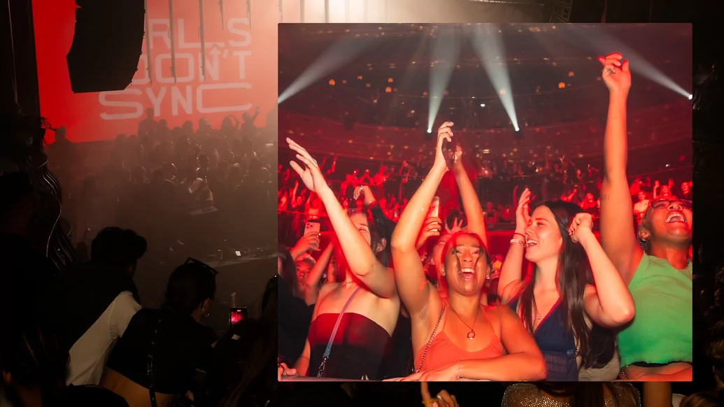 Photo of a rowdy crowd at a Girls Don’t Sync show on a nightclub background