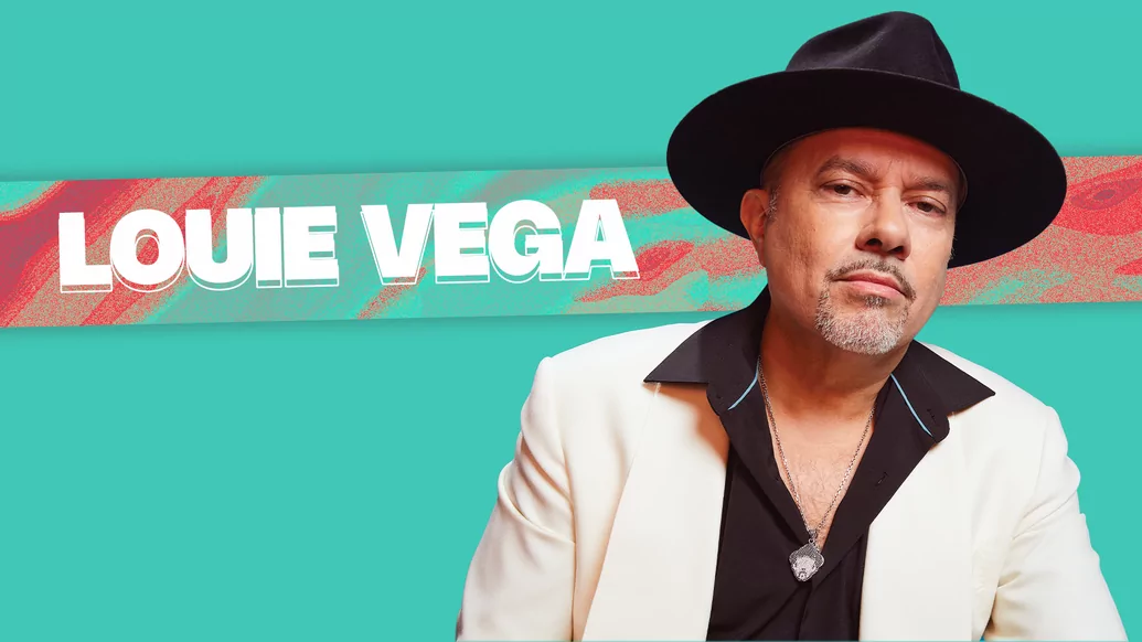 Photo of Louie Vega on a turquoise background with red accents