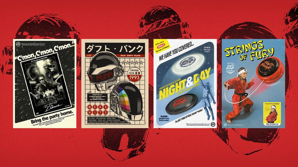 Vintage style Daft Punk Merch Posters on a red background
