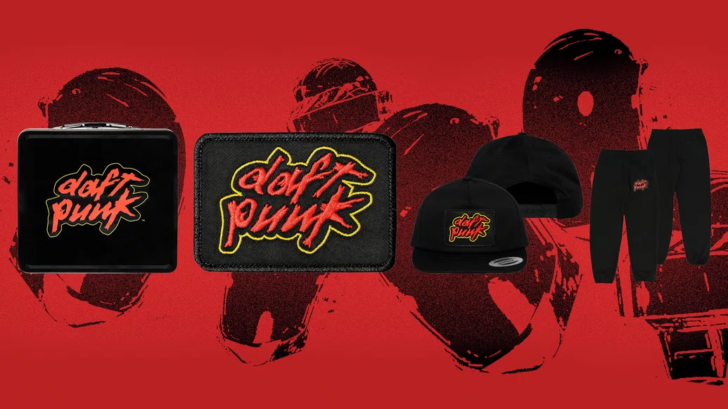 A range of Daft Punk merch on a red background