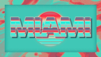 Red and turquoise graphic reading ‘Miami’ with a sunset