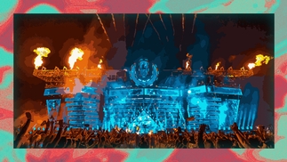 Photo of the main stage at Ultra Miami on a turquoise and red background