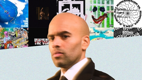 On a background of 10 album covers, François X looks off camera