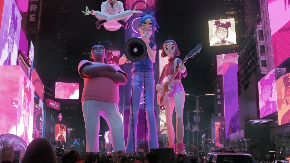 Photo of the virtual Gorillaz band performing at Times Square as part of ‘Cracker Island’ promotion